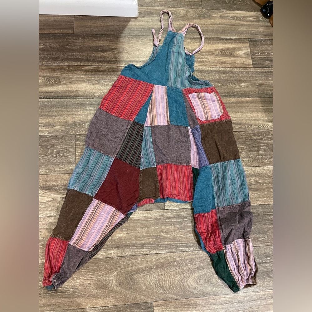 Shop Therapy Patchwork Overalls Woman’s Size Large Heavy 100% Cotton Boho - Picture 2 of 12